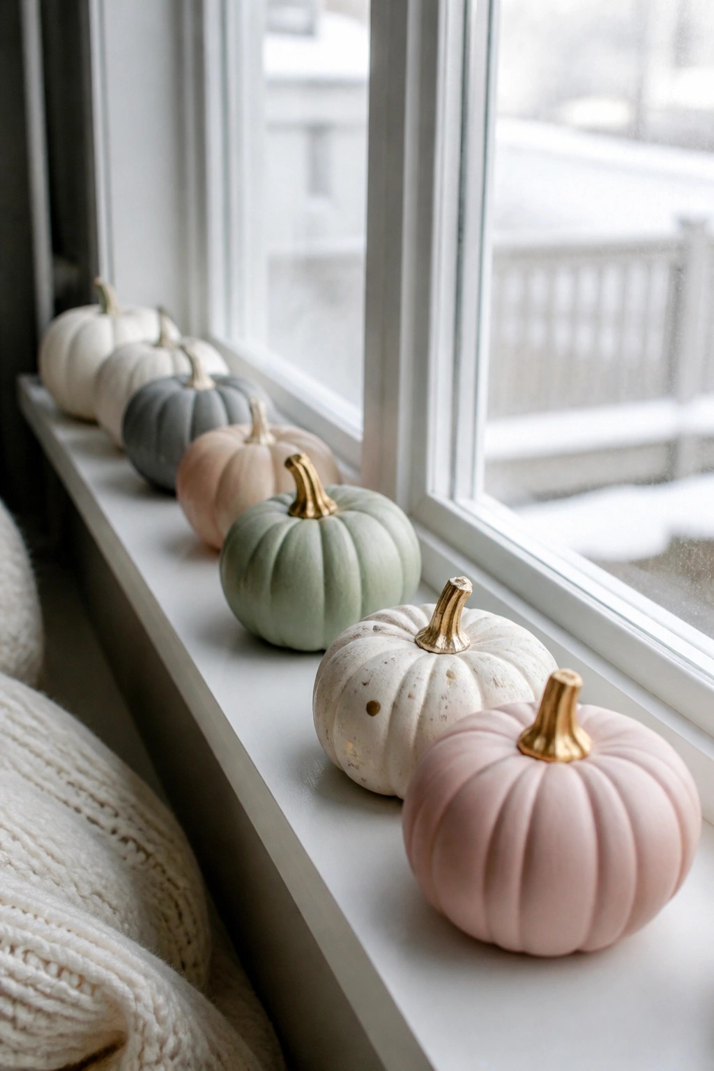 Pastel pumpkins in white, pink, green, and gray on snowy windowsill with knit blanket