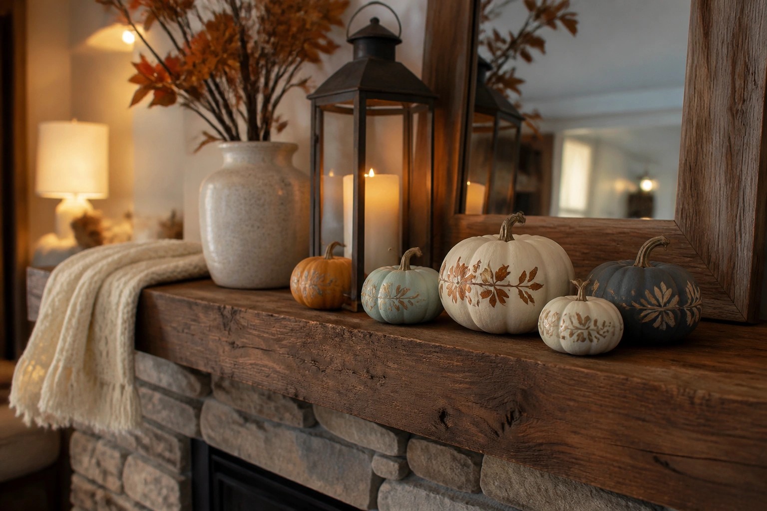 Fireplace mantel adorned with white and green pumpkins, lit candles, and greenery