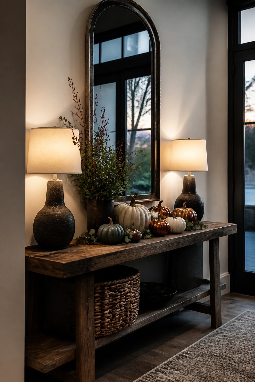 Entryway console table with a group of painted mini pumpkins in white, orange, and green tones arranged beneath a large arched mirror.