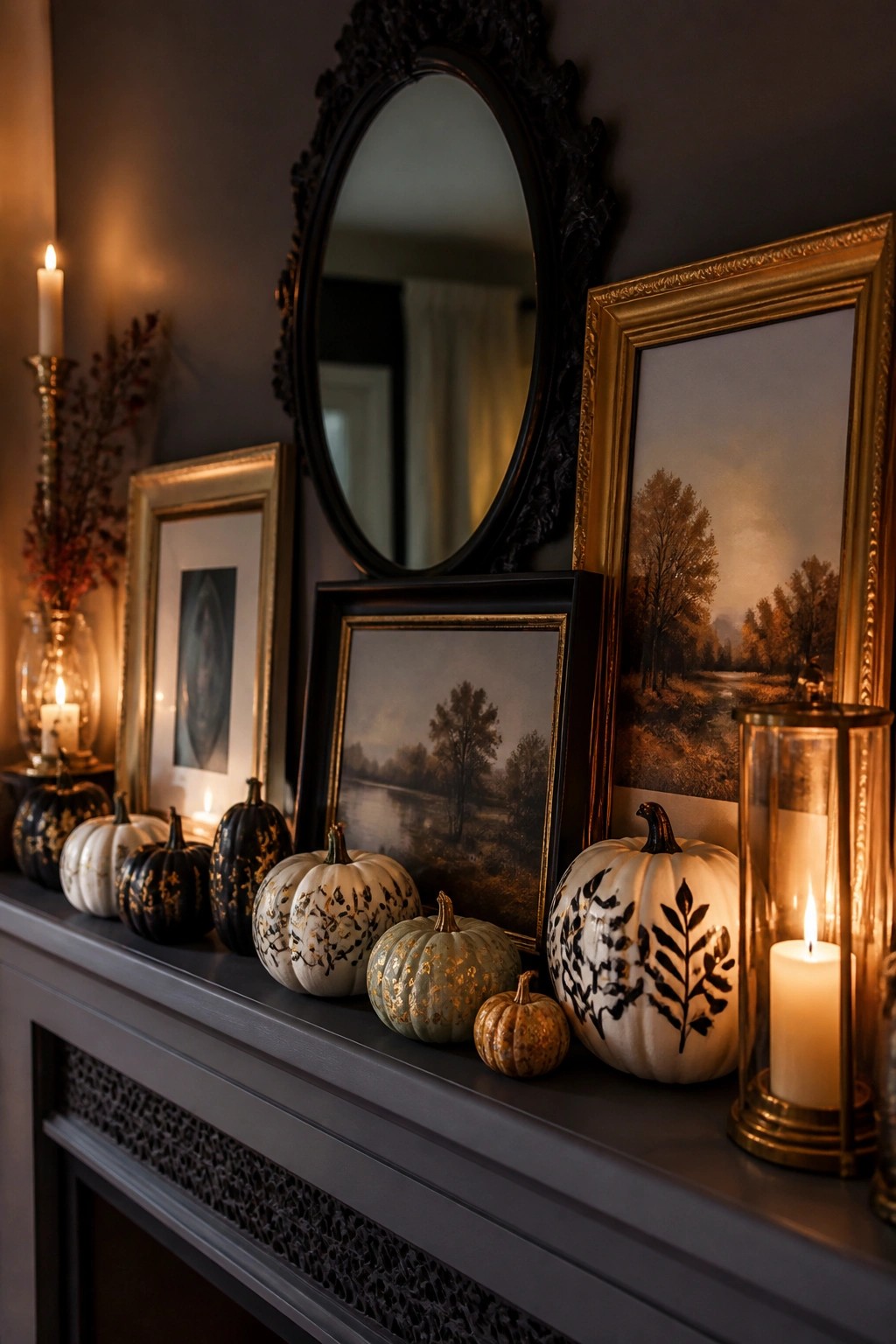 Mantel lined with mini pumpkins painted in black leaf motifs and gold accents, placed among framed art and candles.