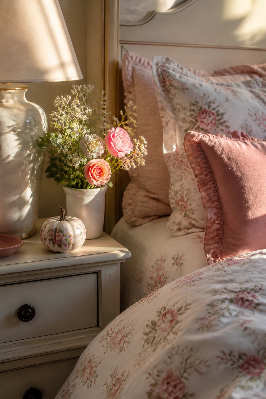 Nightstand beside a bed holding a small white pumpkin painted with pink flowers, next to a lamp and a vase of roses.