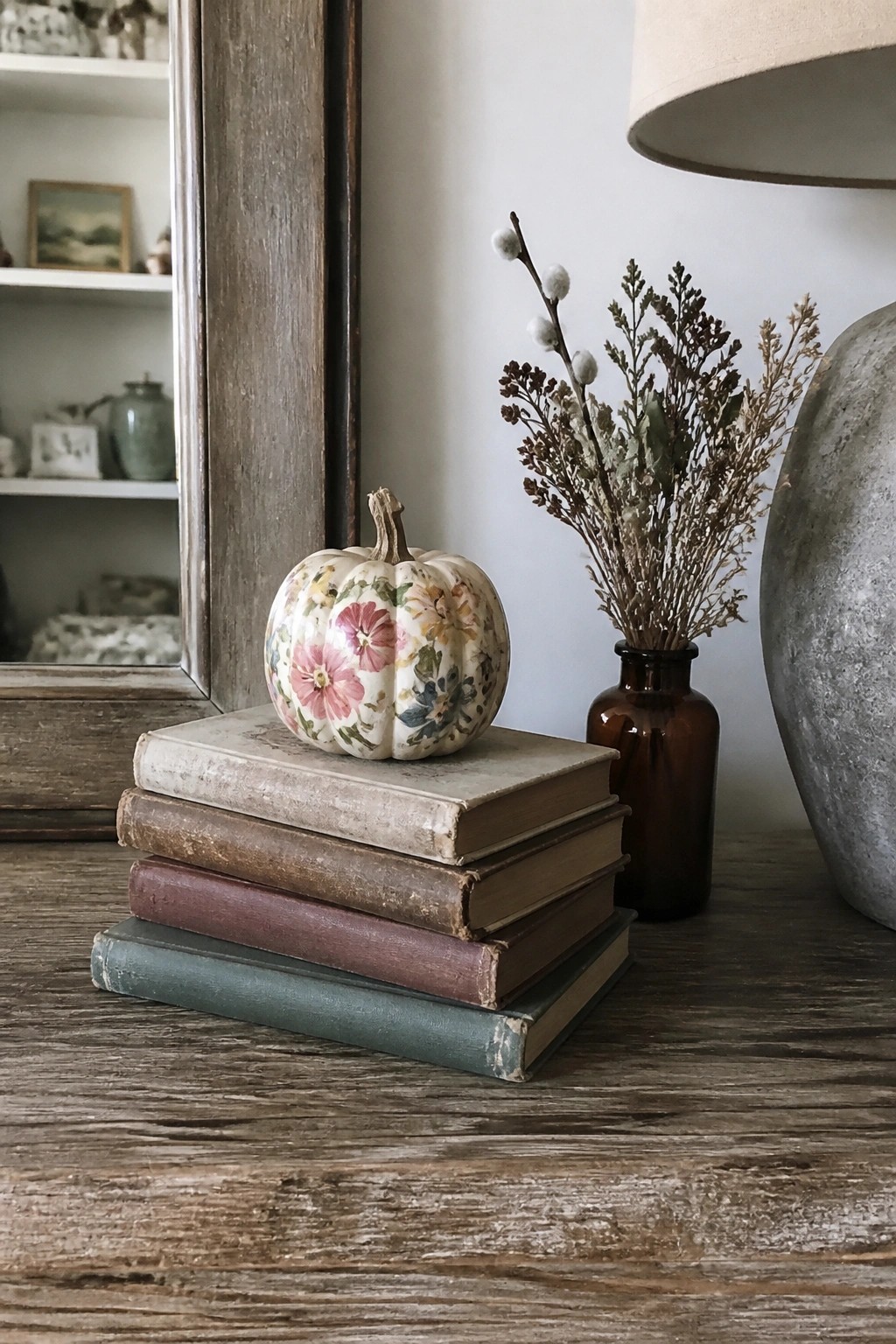 A floral painted mini pumpkin resting on a stack of vintage books beside a brown glass vase with dried flowers on a wooden table.