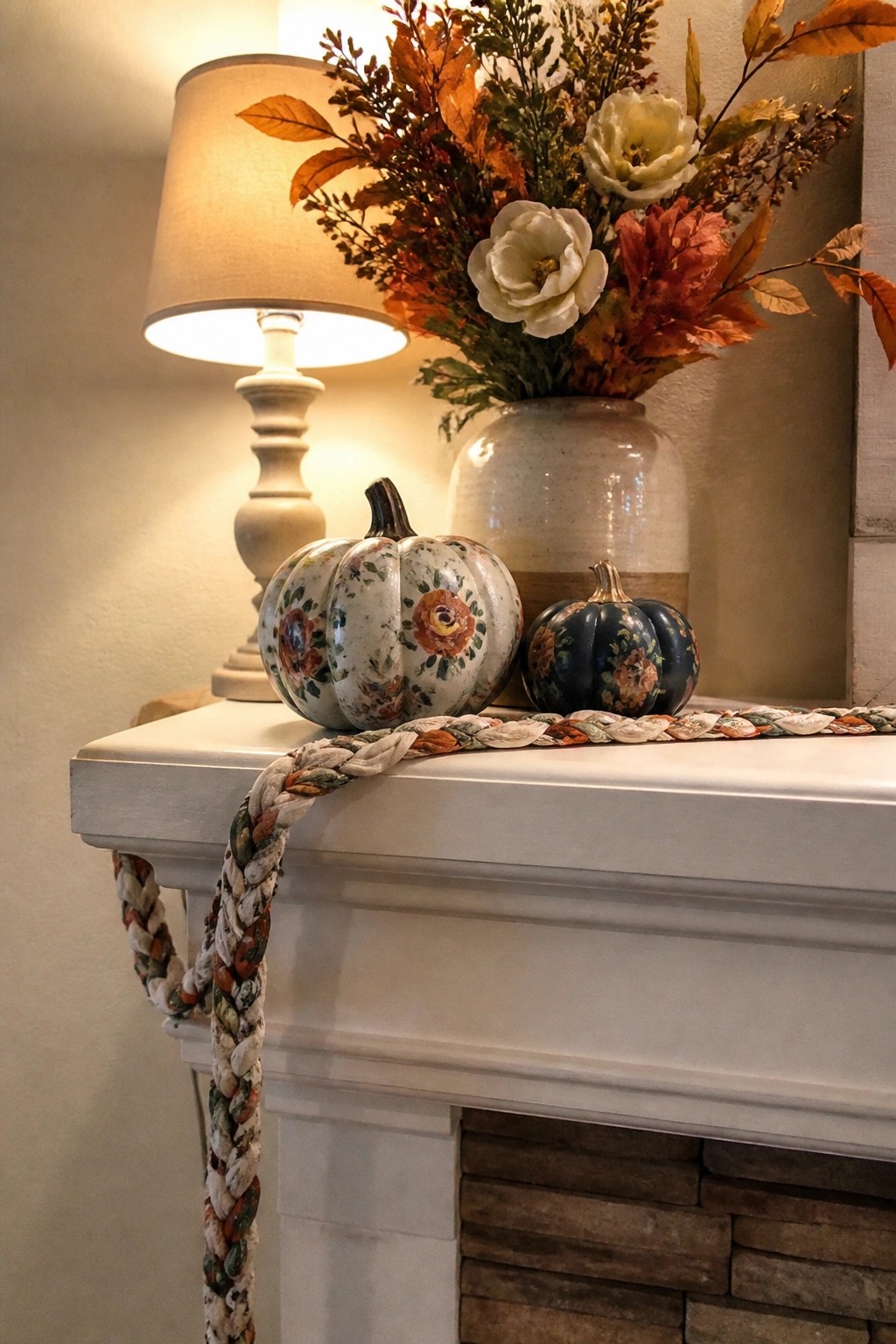 White fireplace mantel with two floral painted pumpkins, a ceramic vase of autumn flowers, and a braided garland.