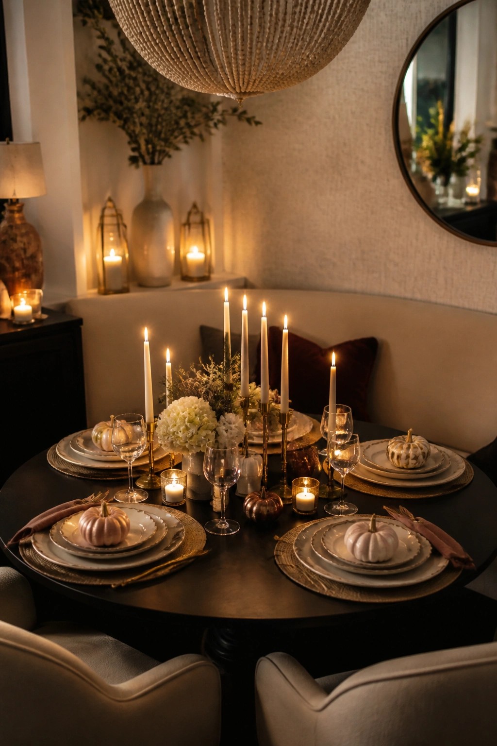 Round dining table with neutral plates and glasses, each place setting topped with a small painted pumpkin.