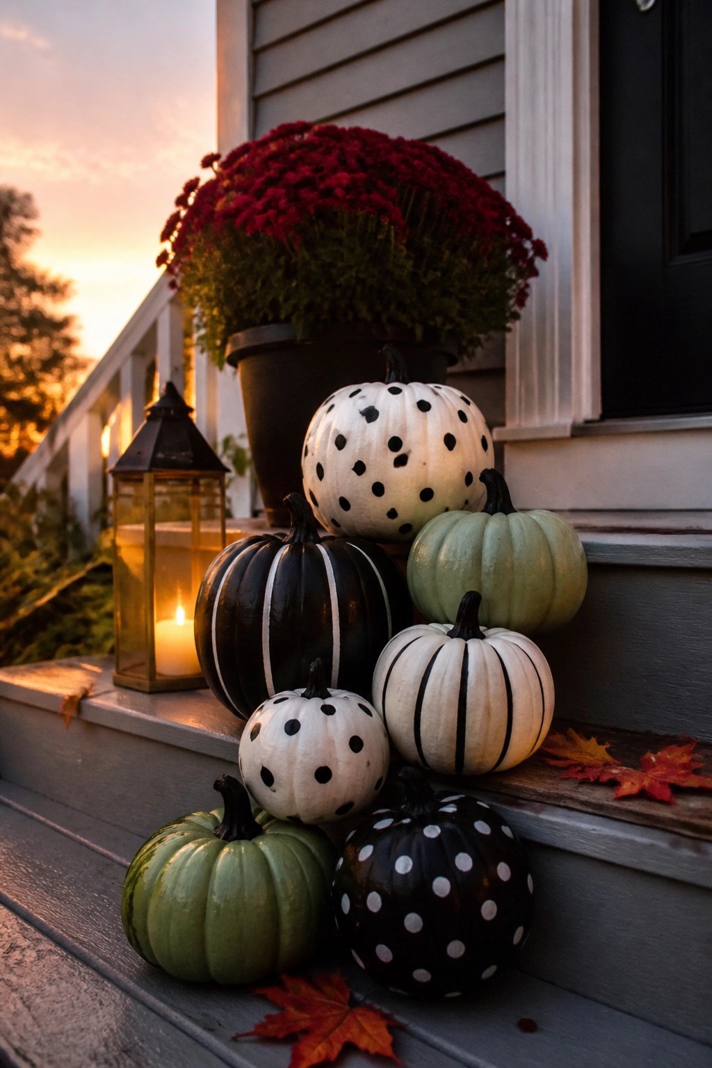 Painted mini pumpkins with black and white dots and stripes arranged on gray porch steps next to a potted mum and lantern.