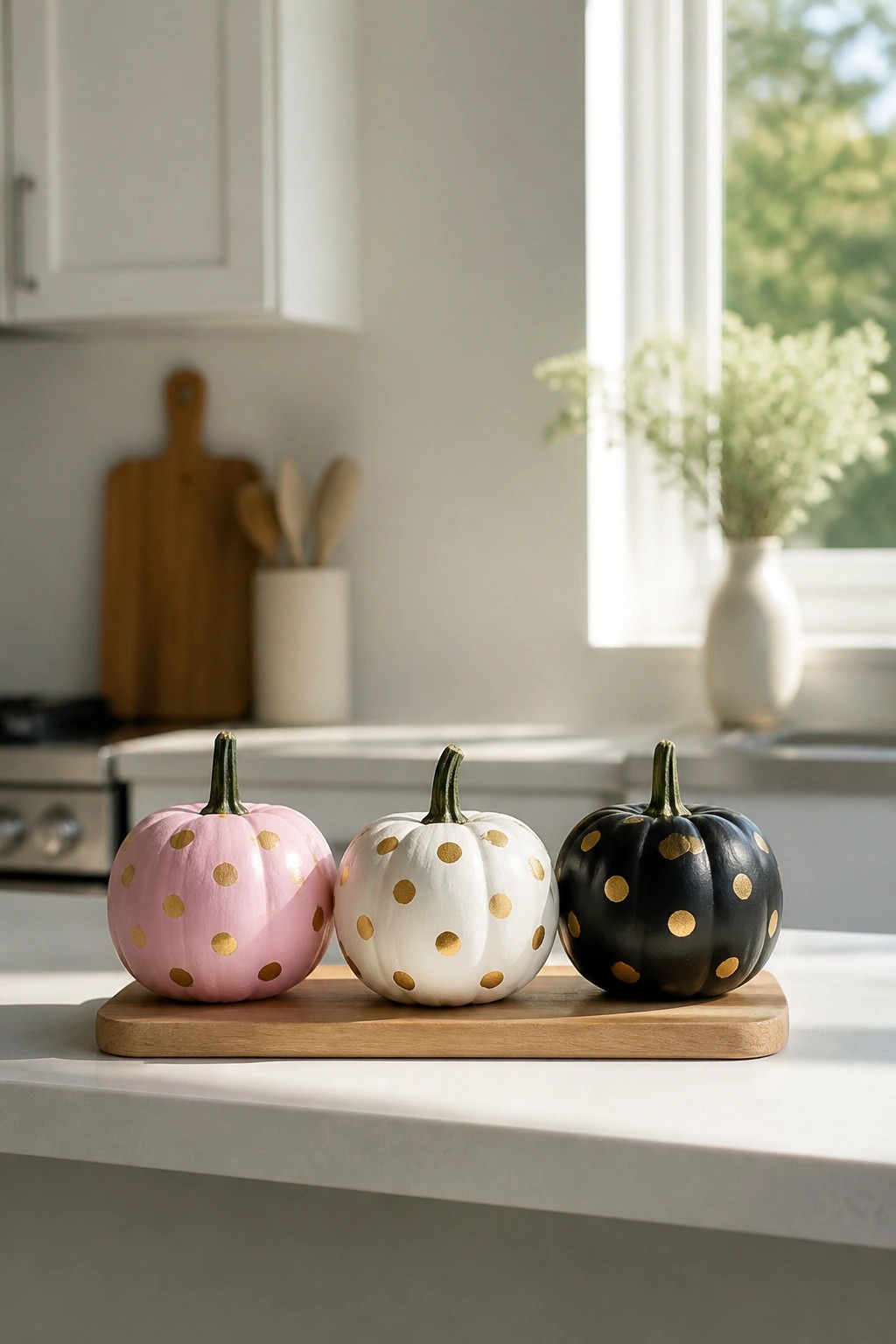 Three mini pumpkins painted pink, white, and black with gold polka dots sit on a wooden board on a kitchen counter.