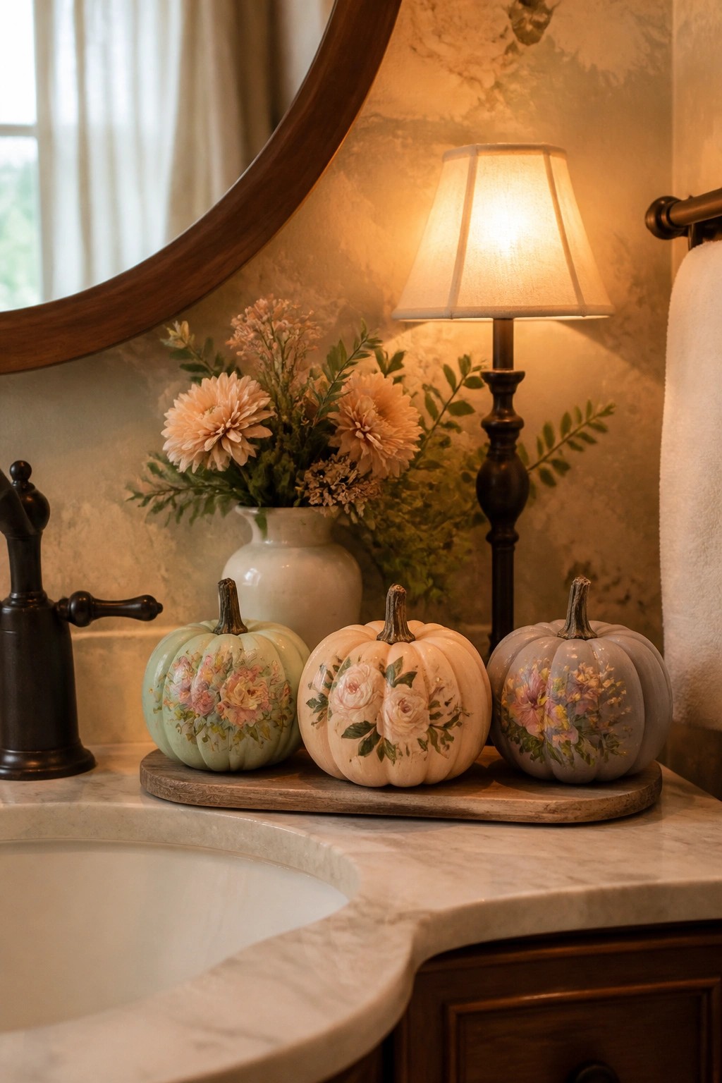 Three small pumpkins painted in pastel tones with floral designs sit on a wooden tray on a bathroom marble counter.