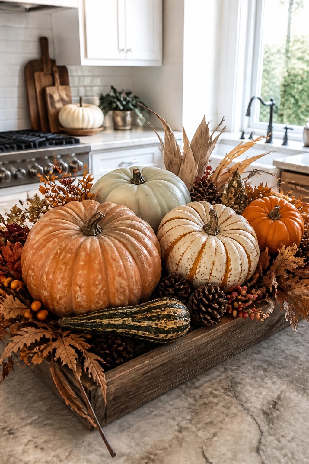 Wooden tray holding several pumpkins in orange, white, and green tones plus a striped gourd, surrounded by autumn leaves and pinecones on a kitchen counter.