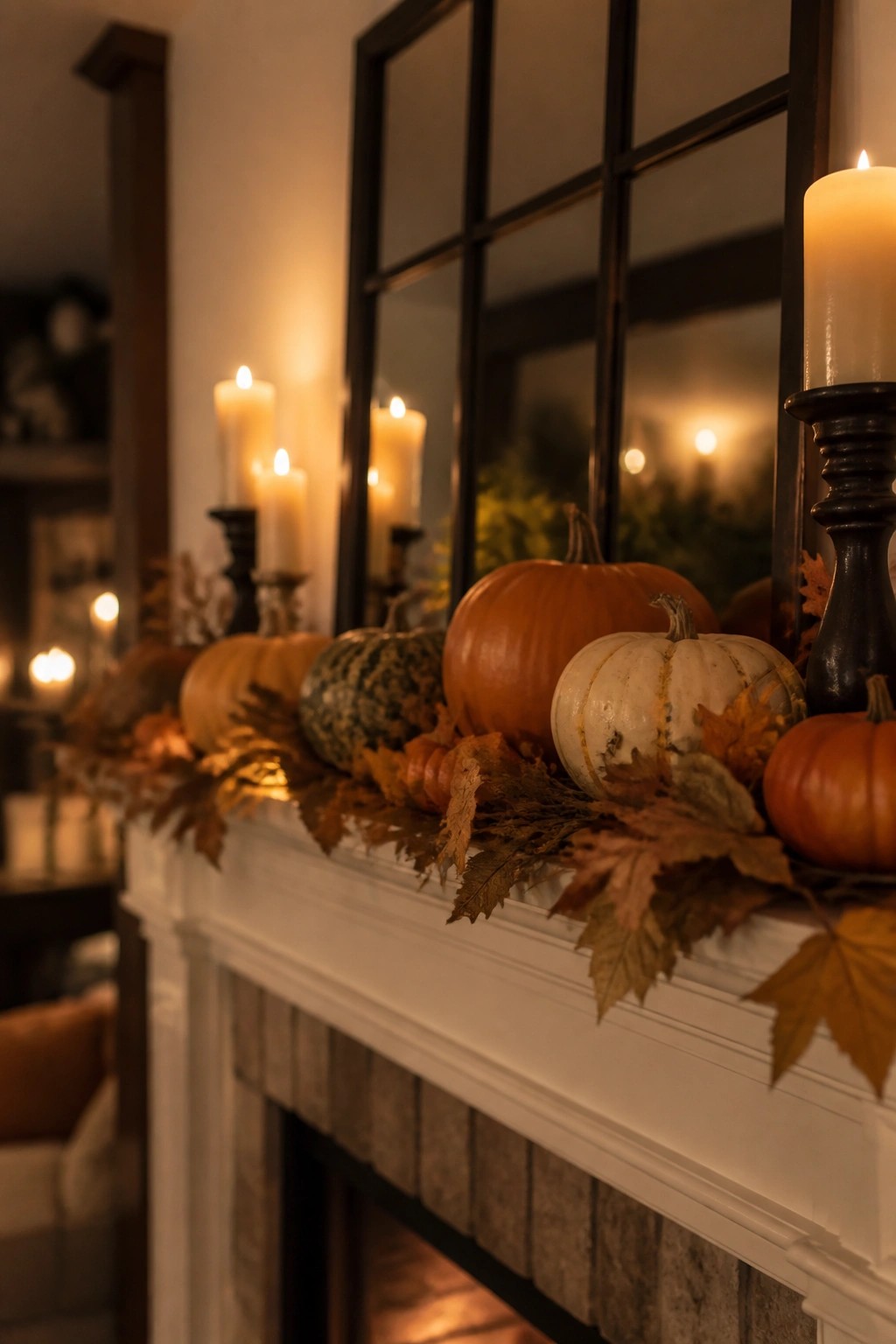 White fireplace mantel lined with orange, white, and speckled pumpkins mixed with dried leaves and black candle holders holding lit candles.