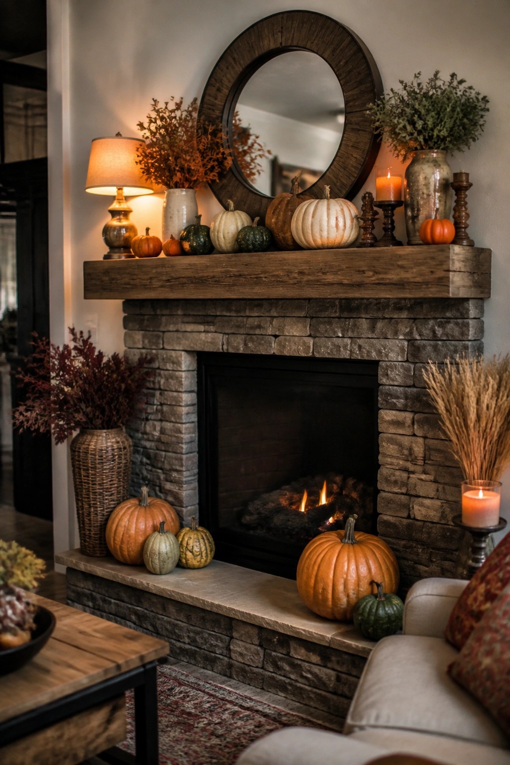Stone fireplace mantel styled with assorted pumpkins in orange, white, and green tones along with candles and dried stems.