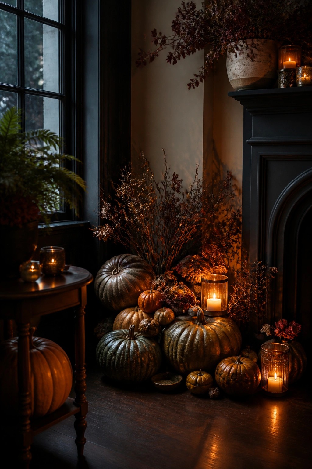 Pumpkins in varied sizes and finishes clustered on the floor in front of a dark fireplace with lit candles and dried branches nearby.