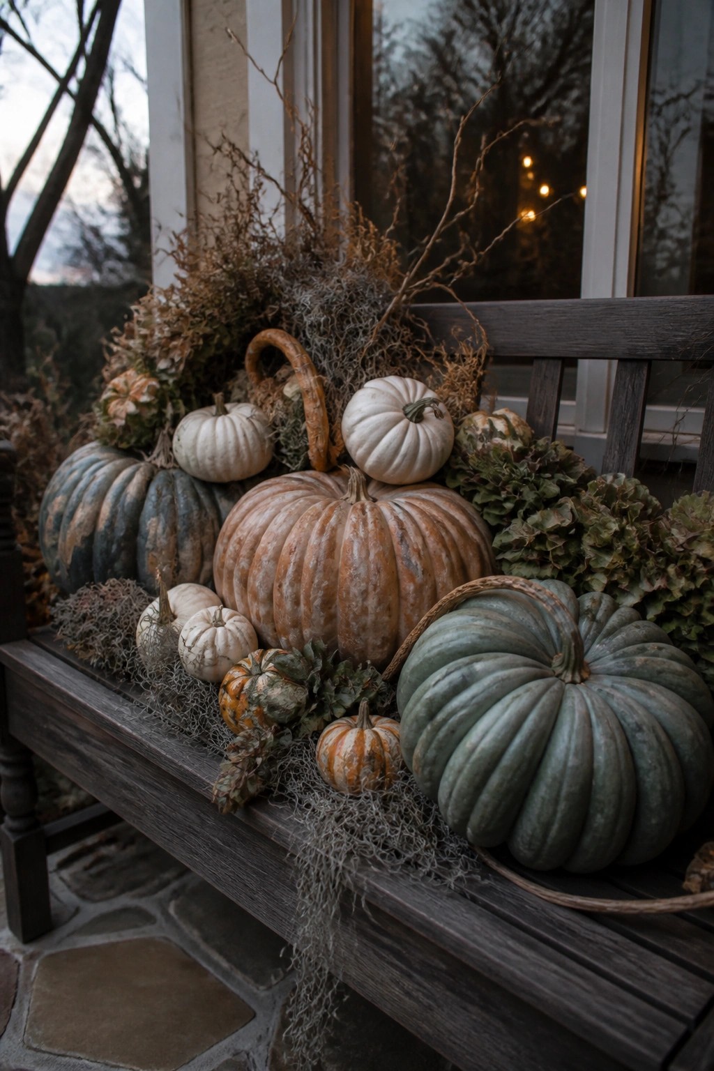 Wooden bench on a porch arranged with white, blue-green, and orange pumpkins mixed with dried grasses and foliage.