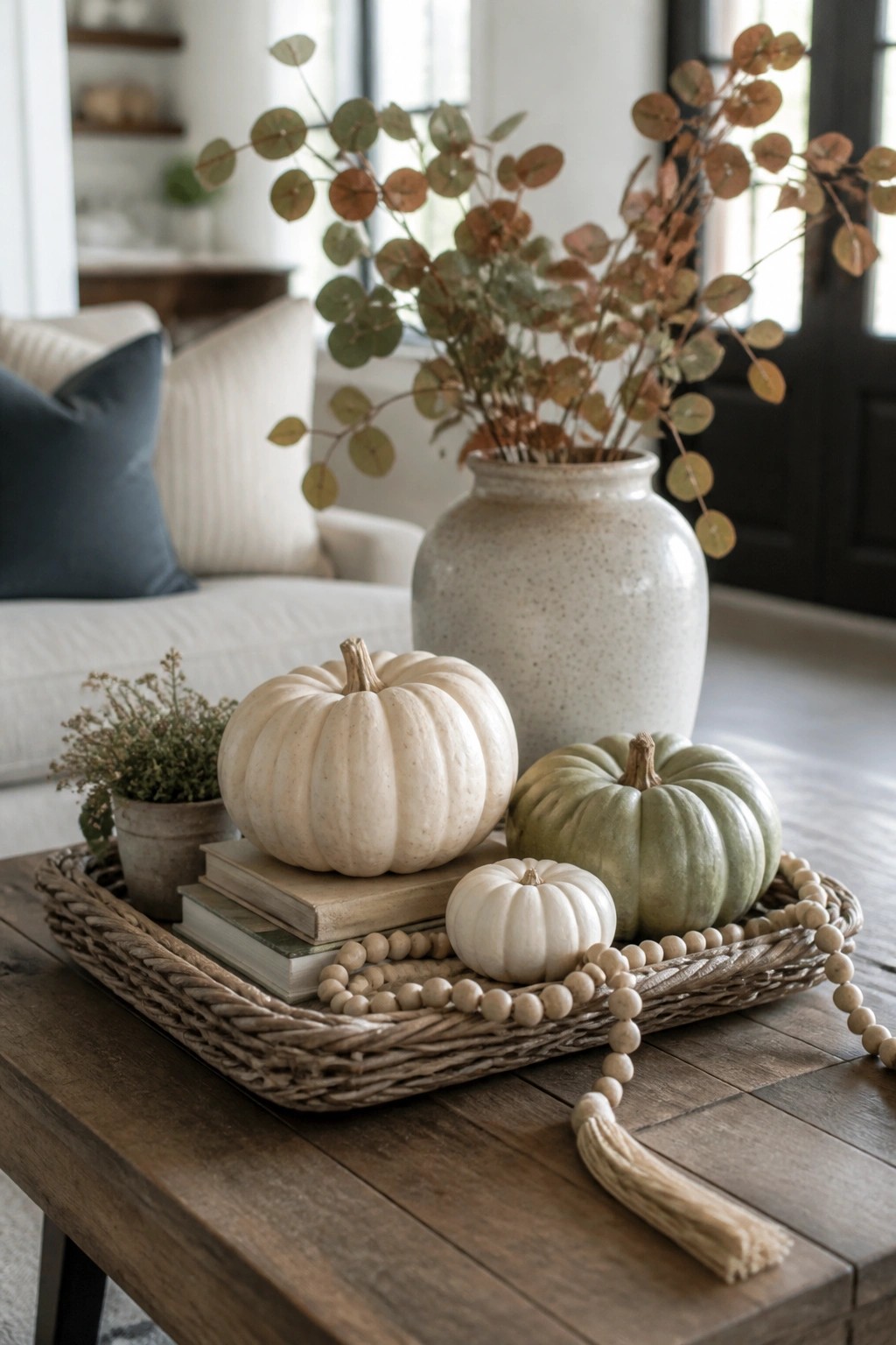 Coffee table with a woven tray holding white and green pumpkins, stacked books, a small plant, and a wooden bead garland.