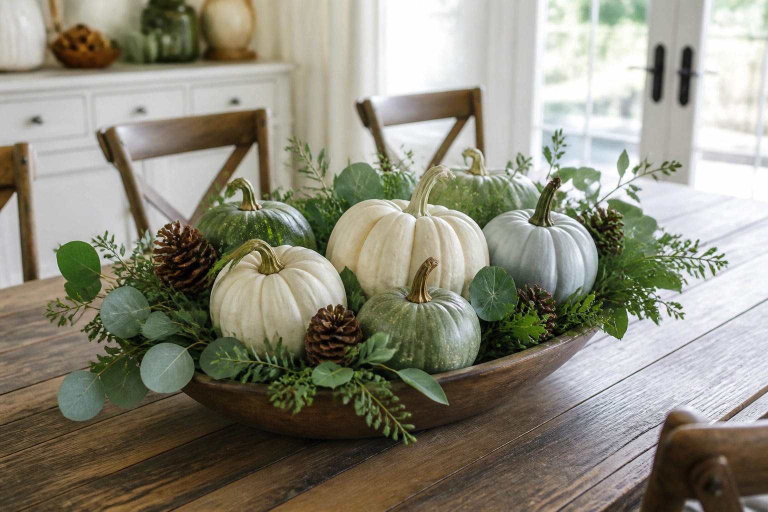 Large white pumpkin holding a stacked arrangement of a sage green pumpkin, two small white pumpkins, pinecones, and dried grasses on a wooden table.