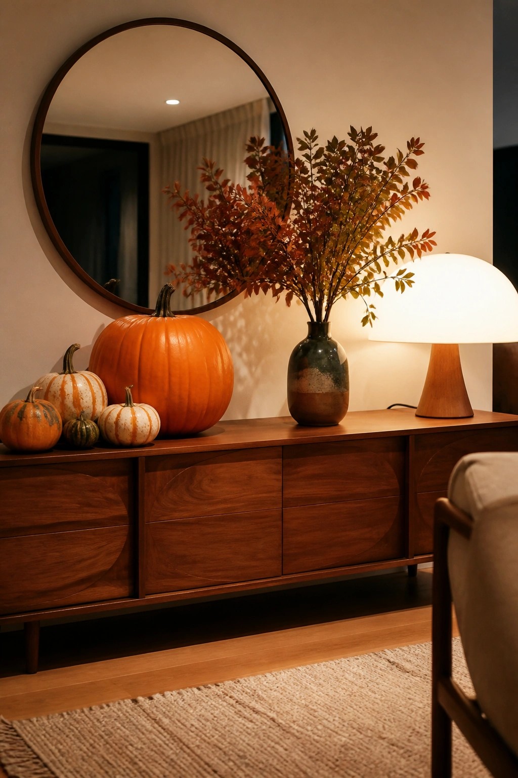 Wooden console table holding a large orange pumpkin, several smaller striped pumpkins, and a ceramic vase with red autumn branches.