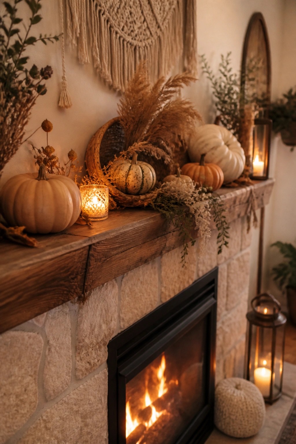 Stone fireplace mantel arranged with several pumpkins of different colors and sizes along with dried grasses and small candles.