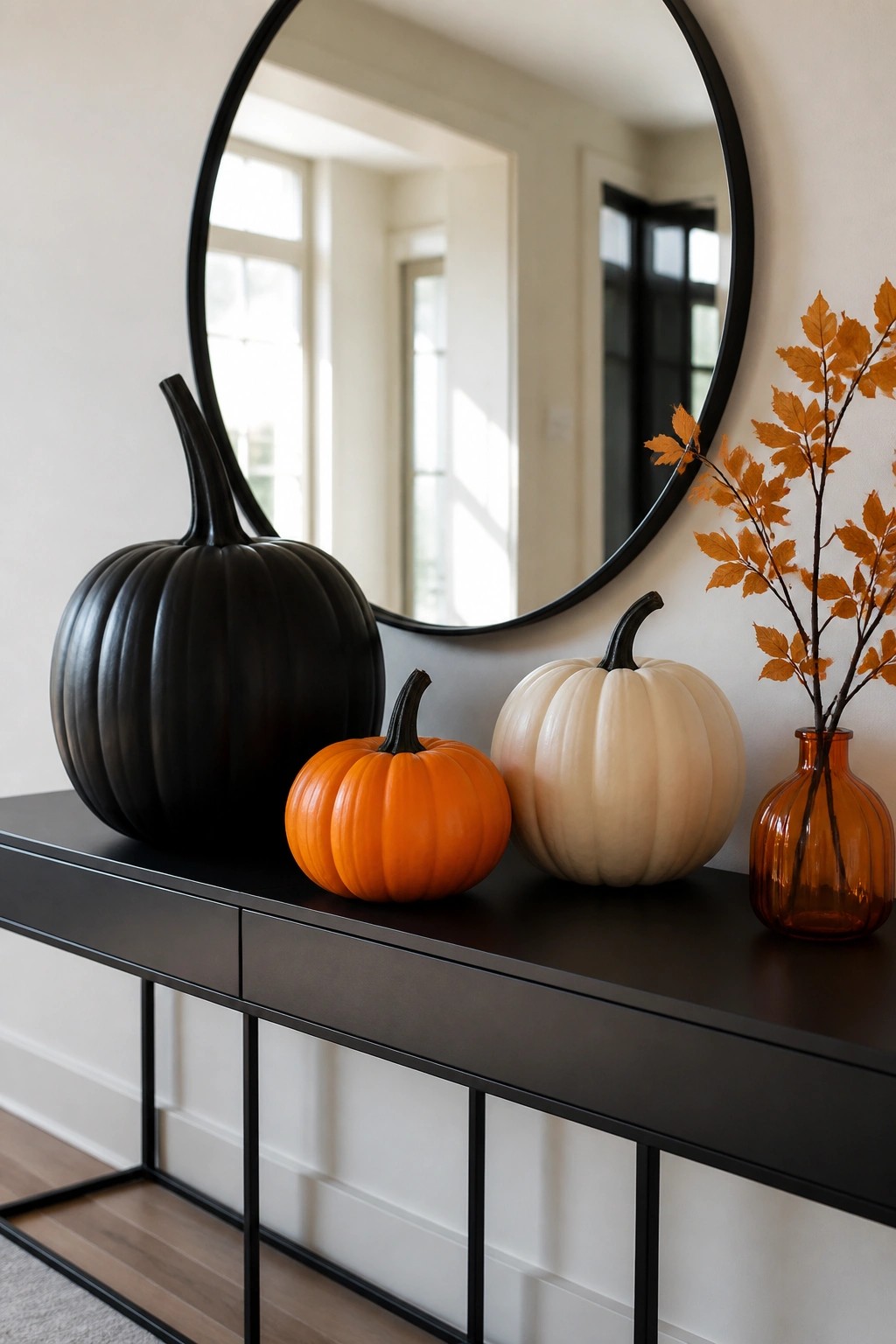 Black console table holding a large black pumpkin, small orange pumpkin, white pumpkin, and amber glass vase with orange branches beneath a round mirror.
