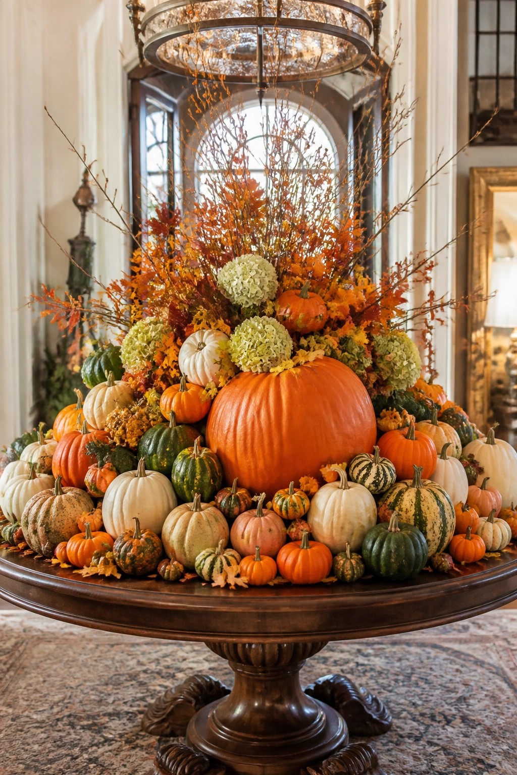 Round wooden table filled with a large arrangement of orange, white, green, and striped pumpkins topped with autumn leaves and branches.