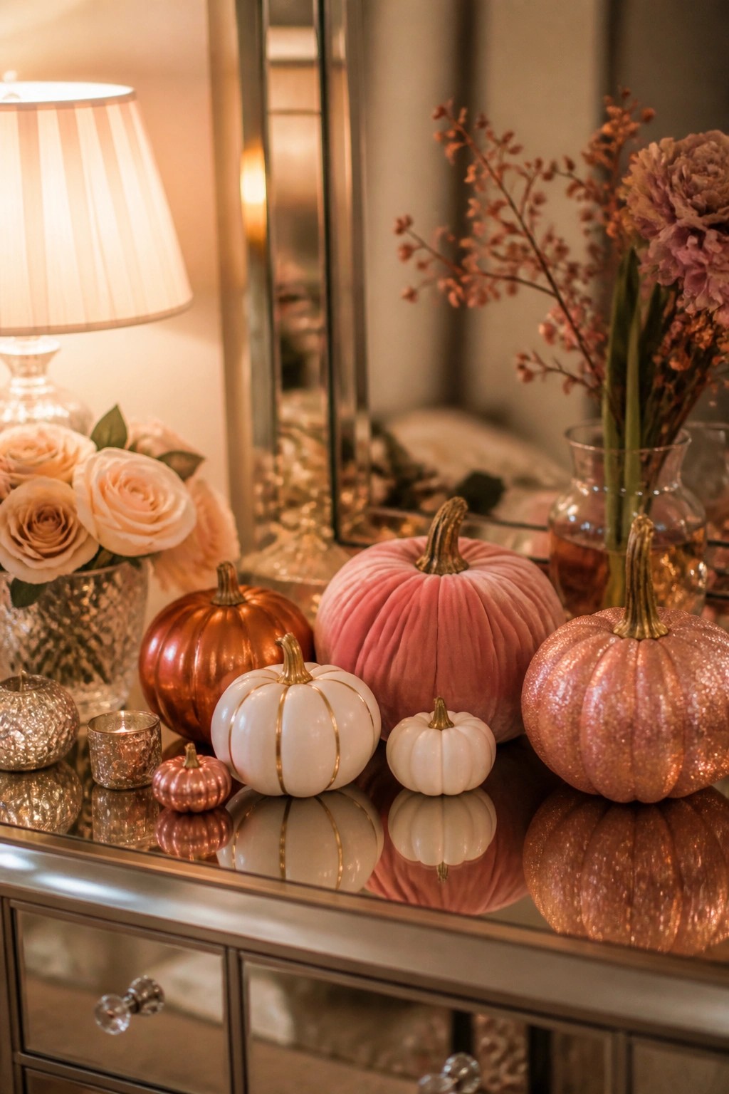 Mirrored console table displaying a collection of pumpkins in metallic copper, glitter rose gold, velvet pink, and white with gold stripes.