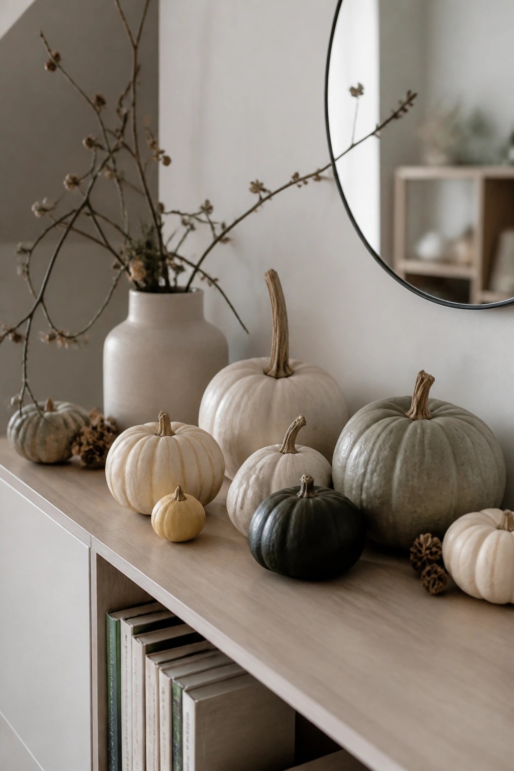 Light wood console with pumpkins in white, gray-green, and dark tones arranged beside a beige vase holding bare branches and a round mirror on the wall above.
