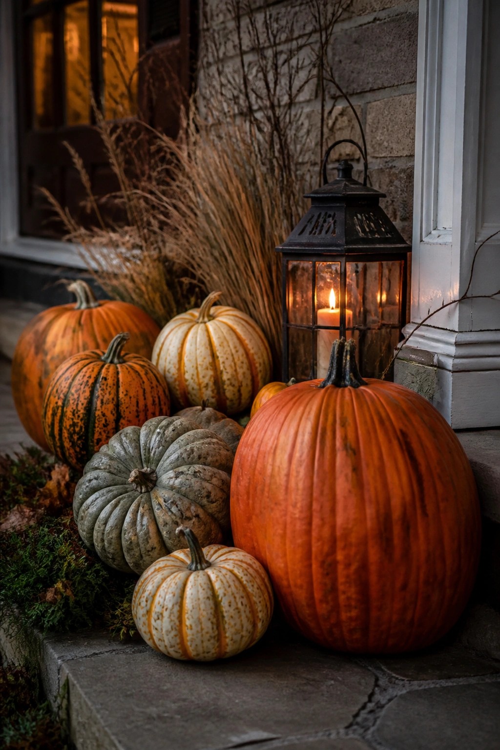Assorted pumpkins and glowing lantern on stone steps amid dried grasses