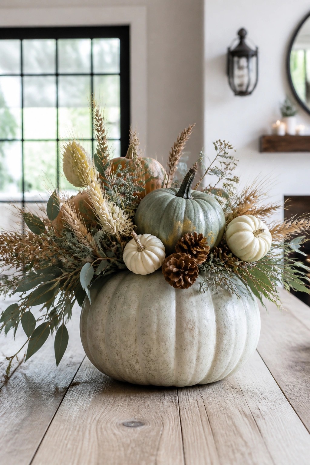 Large white pumpkin holding a stacked arrangement of a sage green pumpkin, two small white pumpkins, pinecones, and dried grasses on a wooden table.