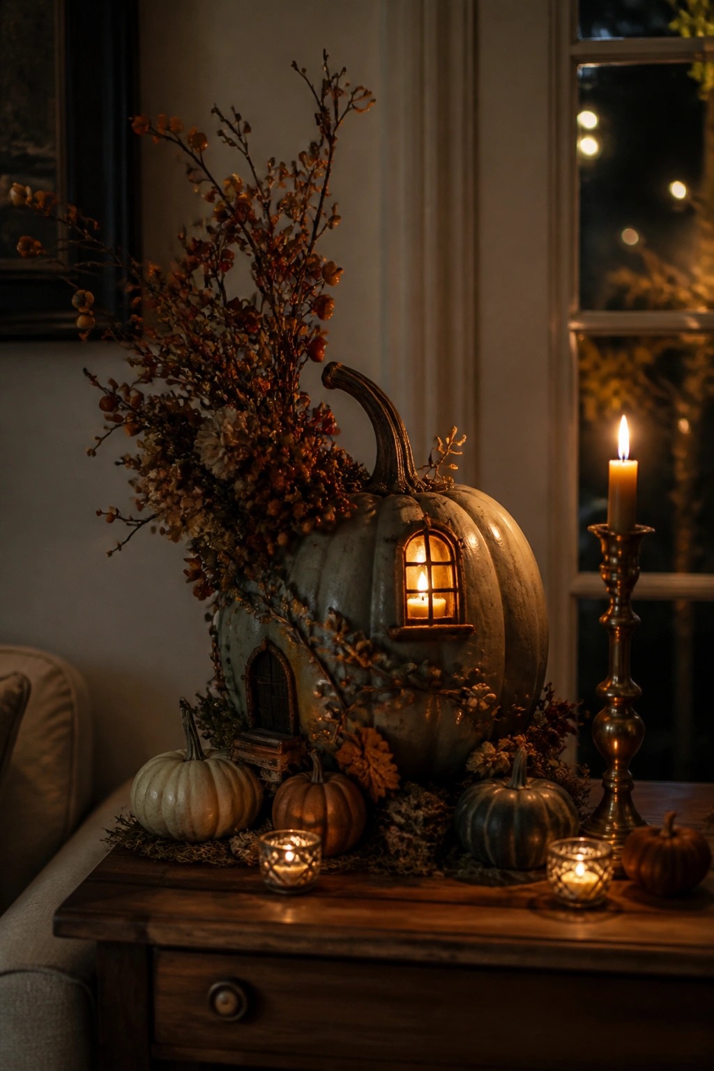 Large pumpkin carved into a house with glowing windows and door, displayed on a wooden table with smaller pumpkins and candles.