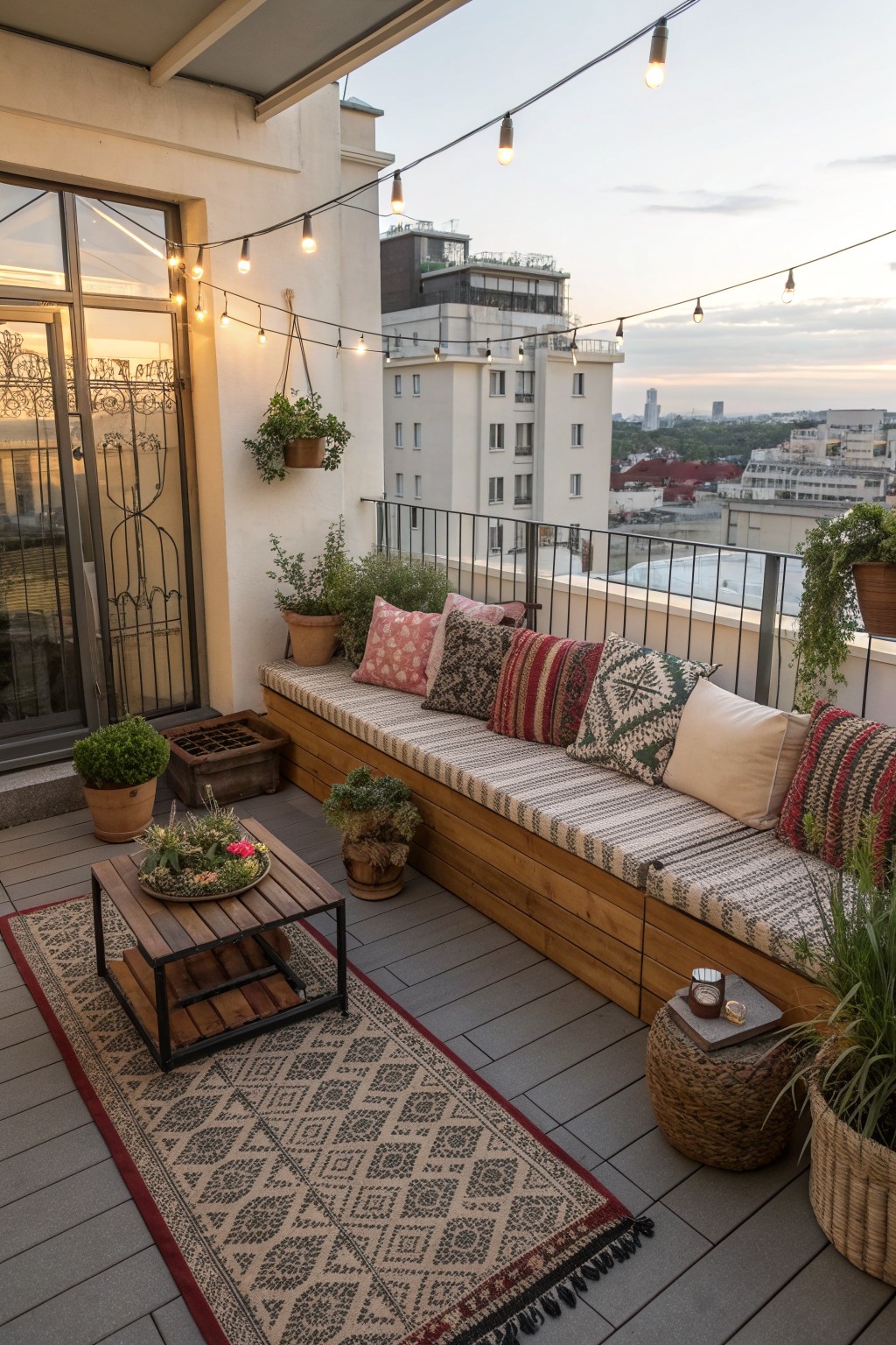 Cozy rooftop balcony with wooden bench, patterned cushions, string lights, plants, and city view.