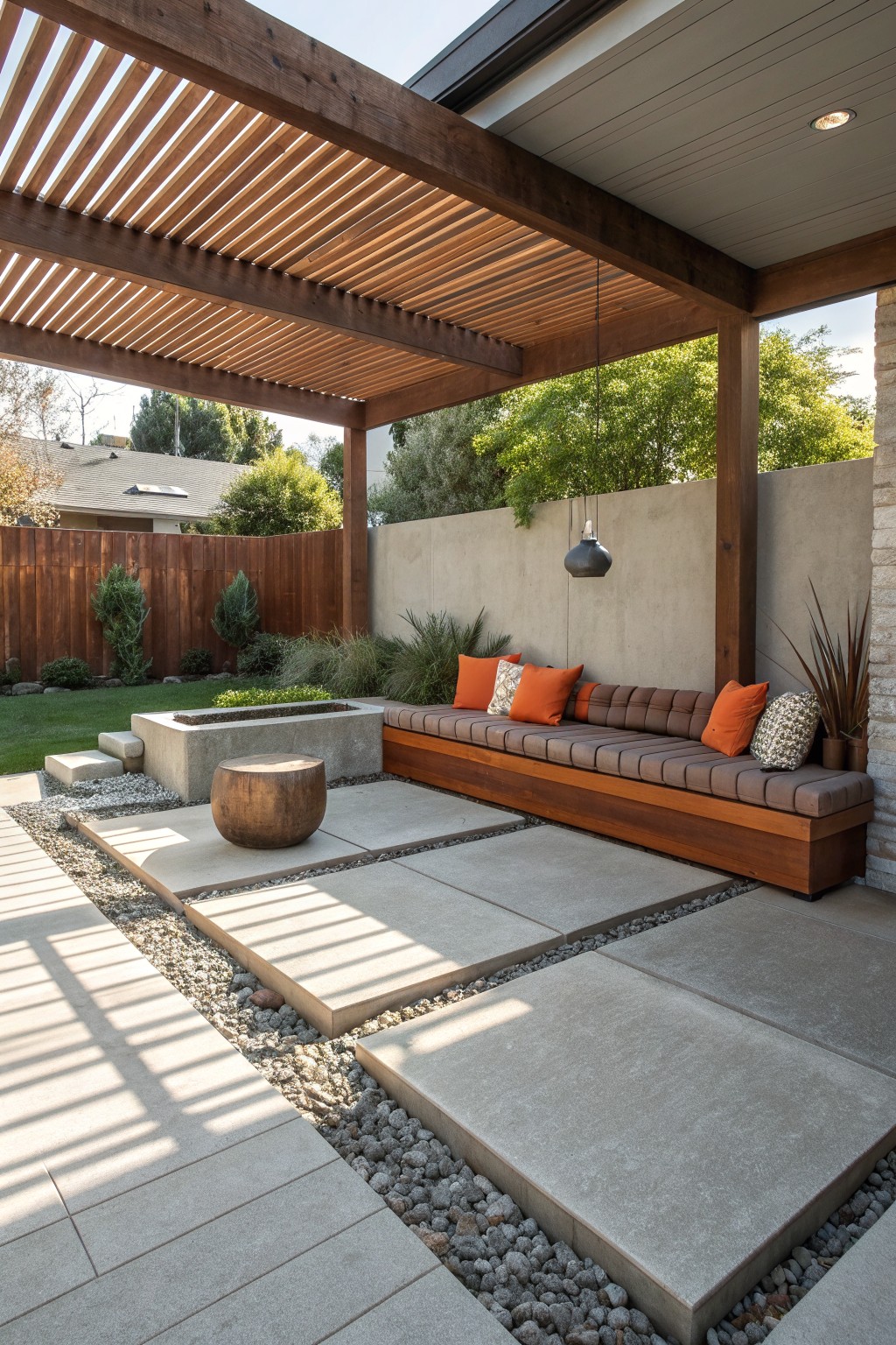 A patio with a long built-in wooden bench topped with gray cushions and orange pillows, set beneath a wooden pergola next to concrete pavers and gravel.