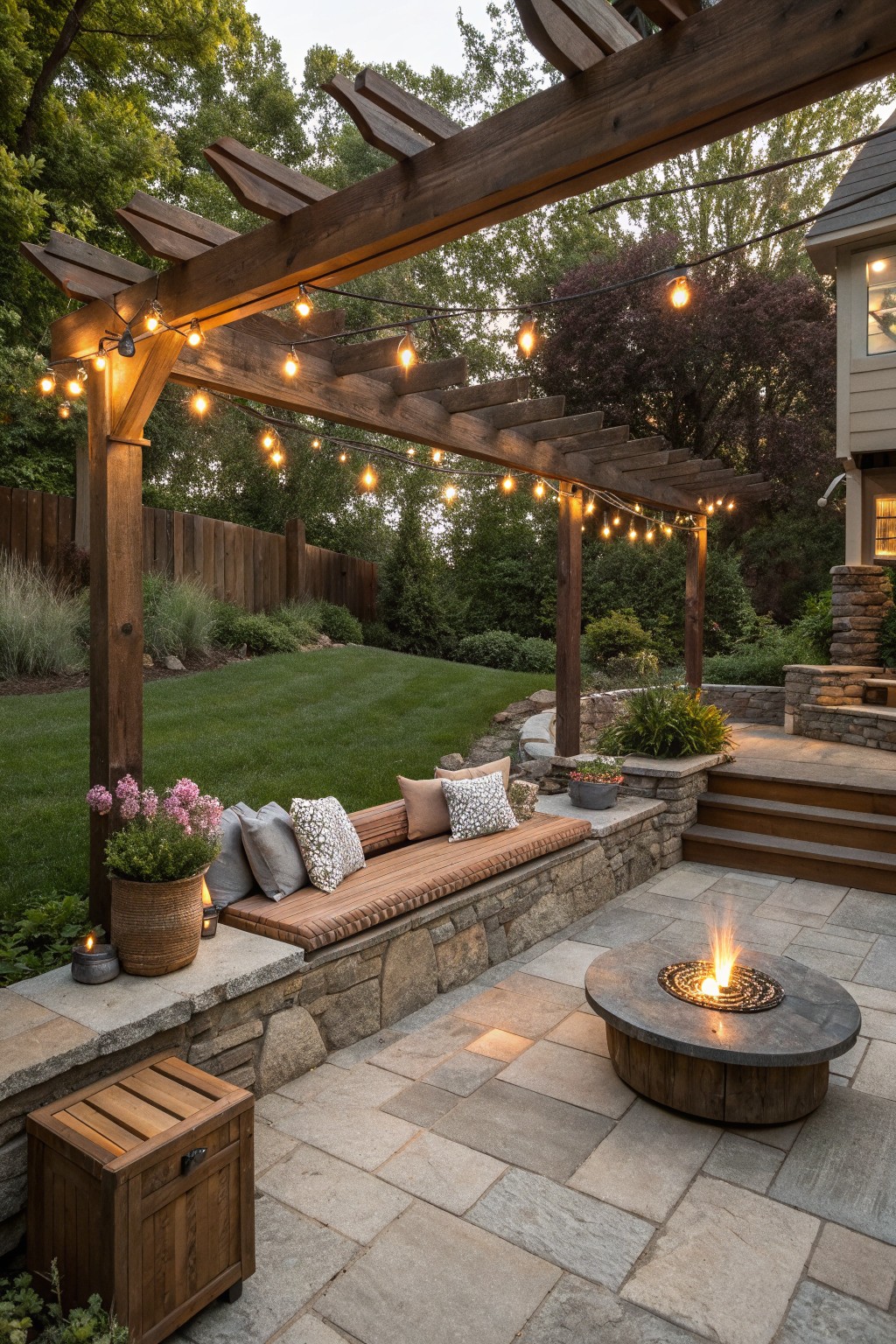A wooden built-in bench with cushions rests on a low stone retaining wall beneath a pergola strung with lights, beside a round fire pit on a paved patio.