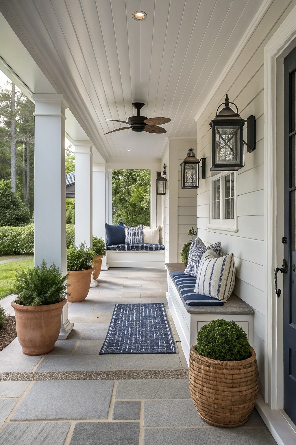A covered porch with white siding shows built-in benches with blue cushions and pillows, potted plants, lanterns, and a ceiling fan.