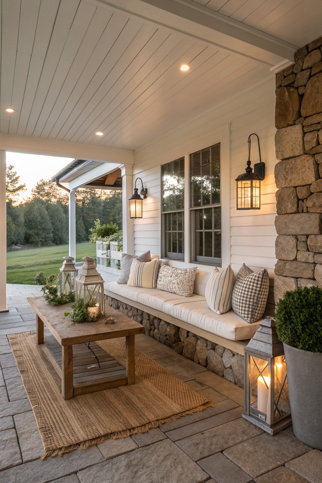 A covered porch with white siding shows a long built-in bench with cushions and pillows set on a stone base, next to a wooden table on a rug.