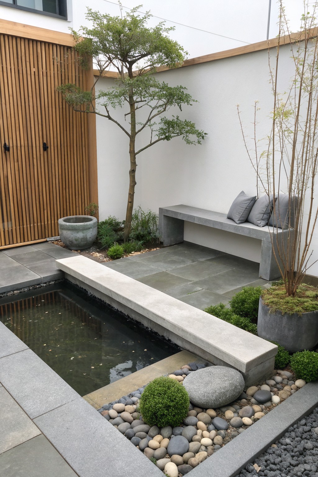 Modern courtyard with concrete bench over pond, pebbles, plants and trees.