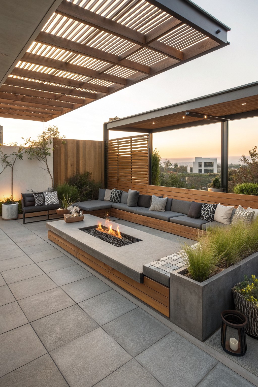 Modern rooftop patio with built-in wooden benches surrounding a rectangular concrete fire pit under a slatted wood pergola.