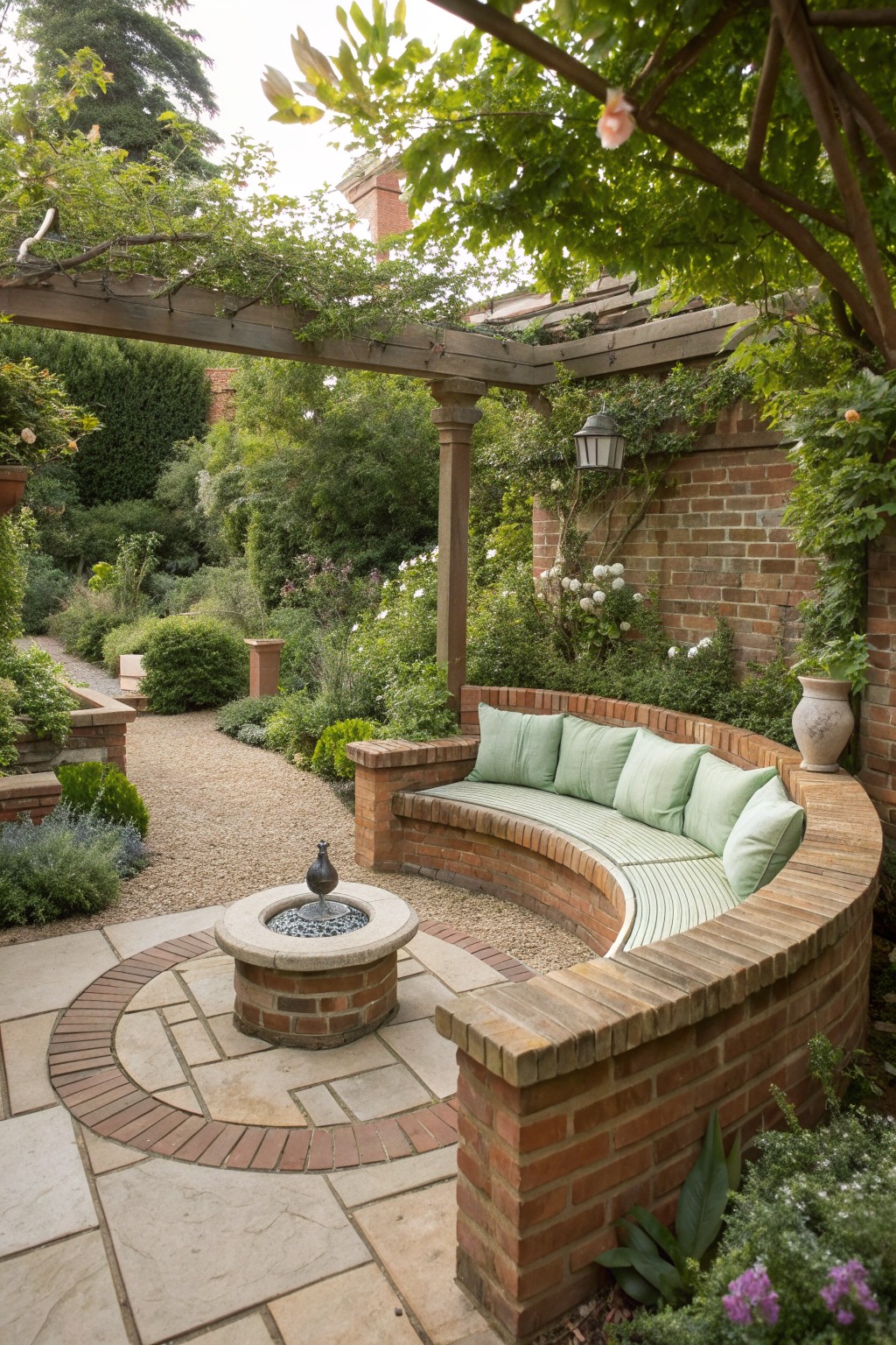 A curved brick bench with light green cushions wraps around a stone patio with a round fire pit in the center, set under a wooden pergola beside a brick wall.