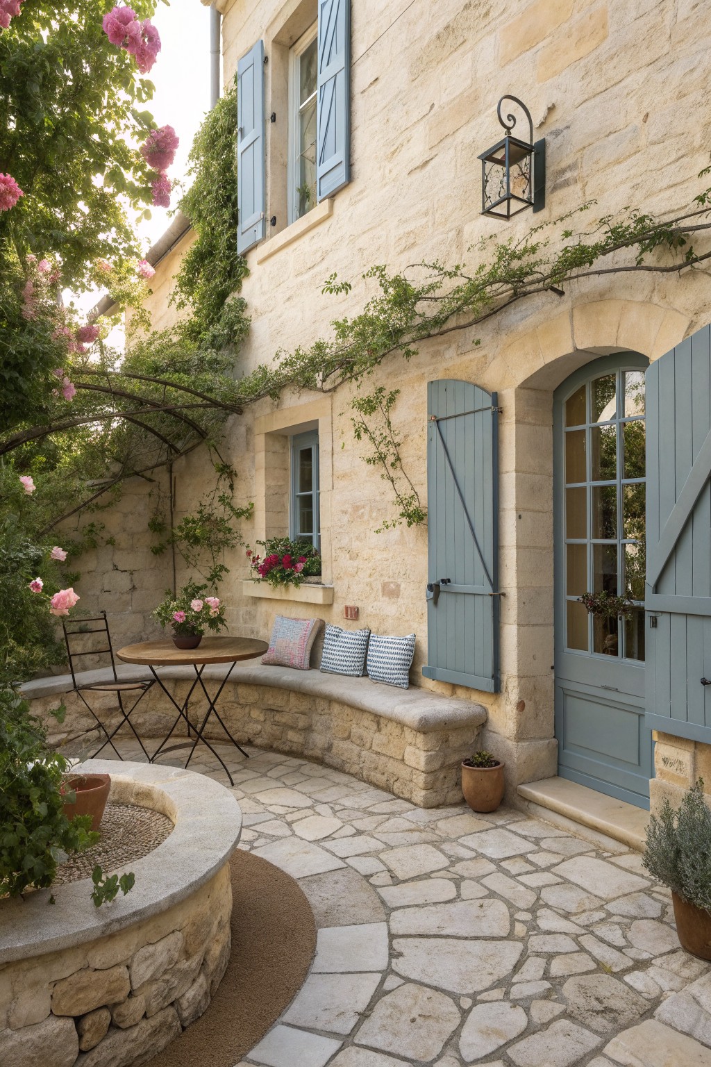 Stone house courtyard with a curved built-in bench along the patio wall, light blue shutters and doors, potted plants, and climbing vines on the walls.