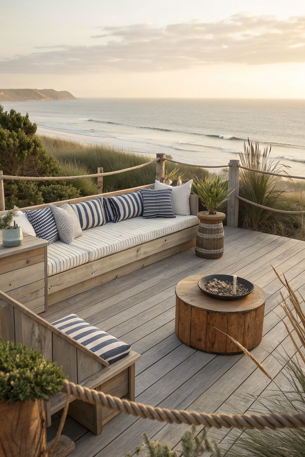 Wooden deck with a long built-in bench along the edge, striped cushions, a round wooden table with a fire bowl, and ocean view beyond.