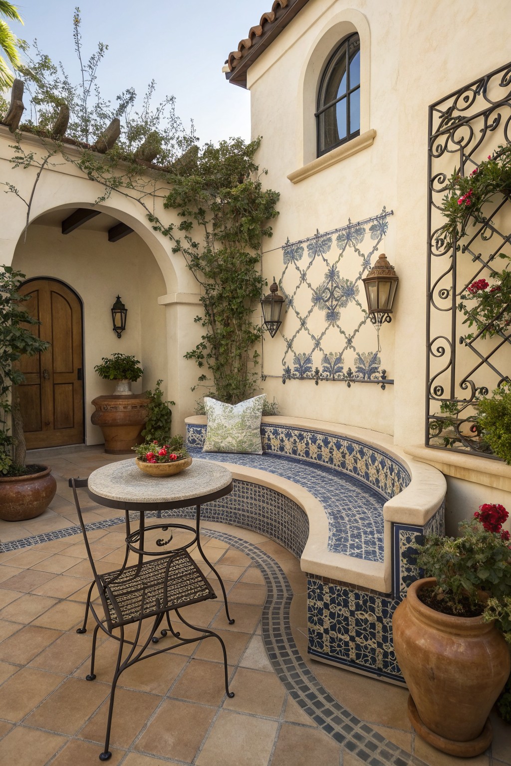 A curved built-in bench with blue and white tile detailing sits along a stucco patio wall beside a round table and metal chairs.