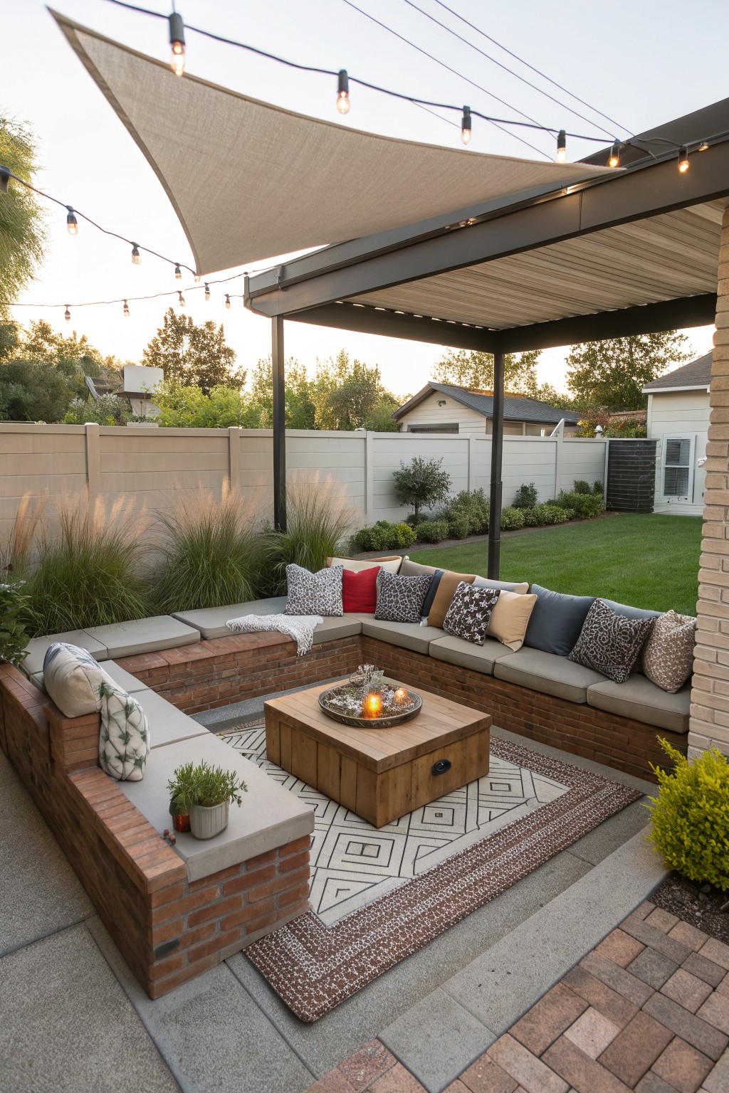 A backyard patio with built-in brick benches forming an L-shape around a wooden fire pit table, under a pergola with a shade sail and string lights.