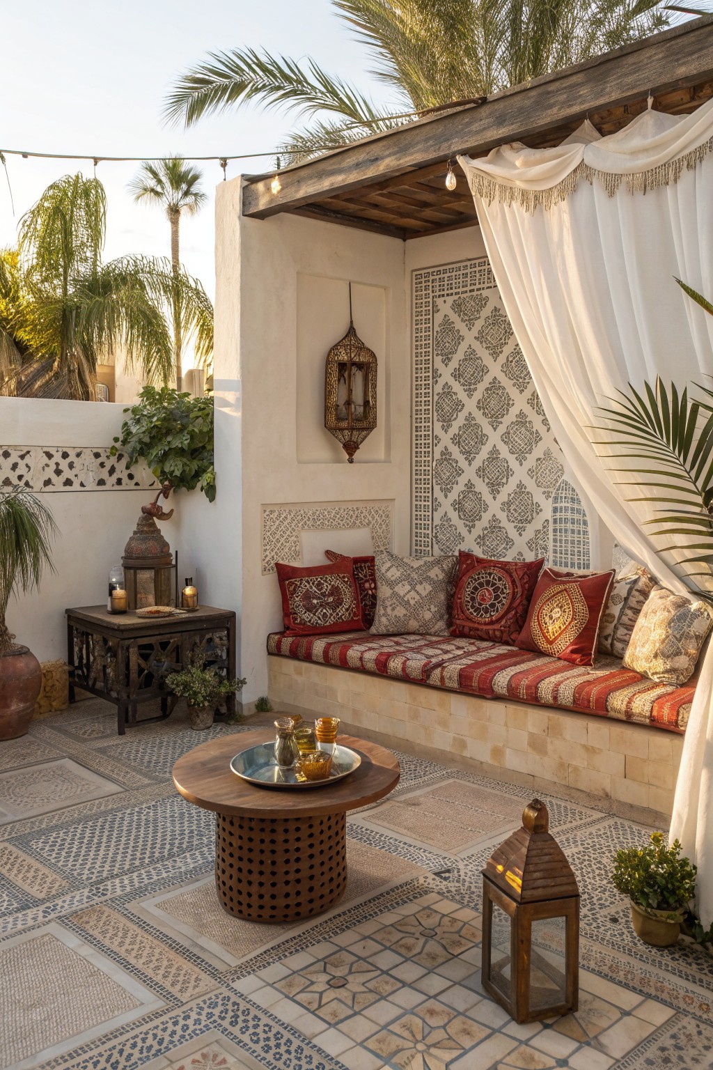 A patio with a built-in bench lined with red and patterned cushions, a round wooden table in front, and lanterns on the floor and wall.