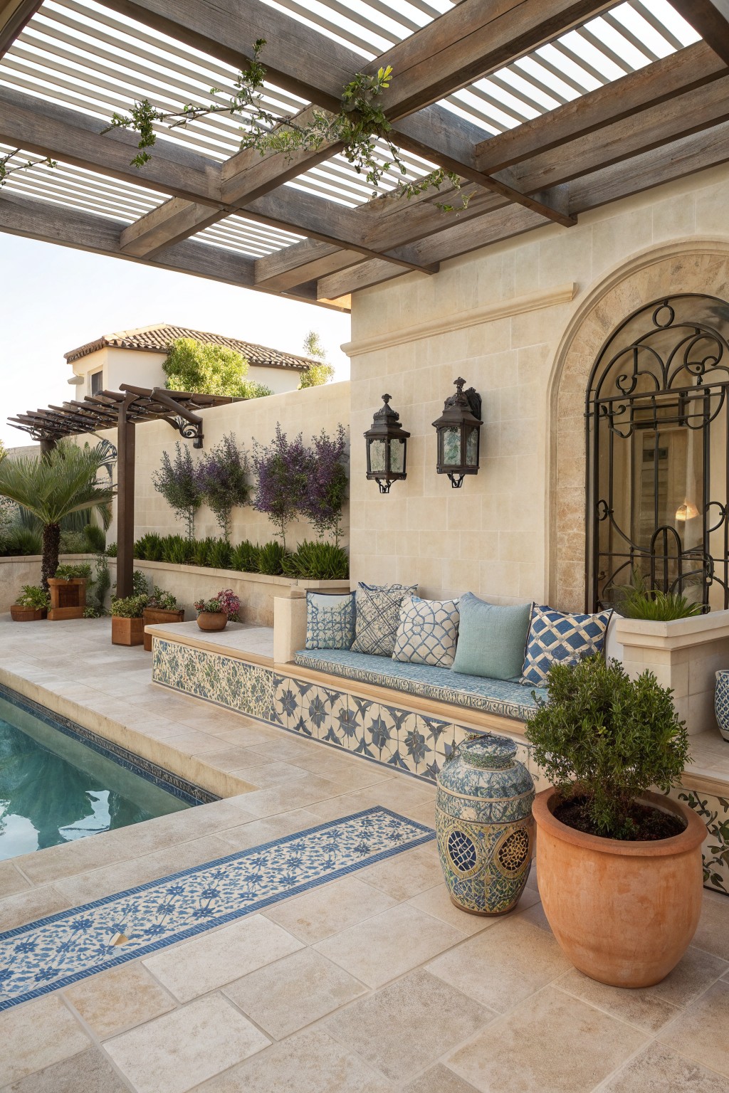 An outdoor patio with a built-in bench covered in blue and white patterned tile, positioned under a wooden pergola next to a swimming pool.