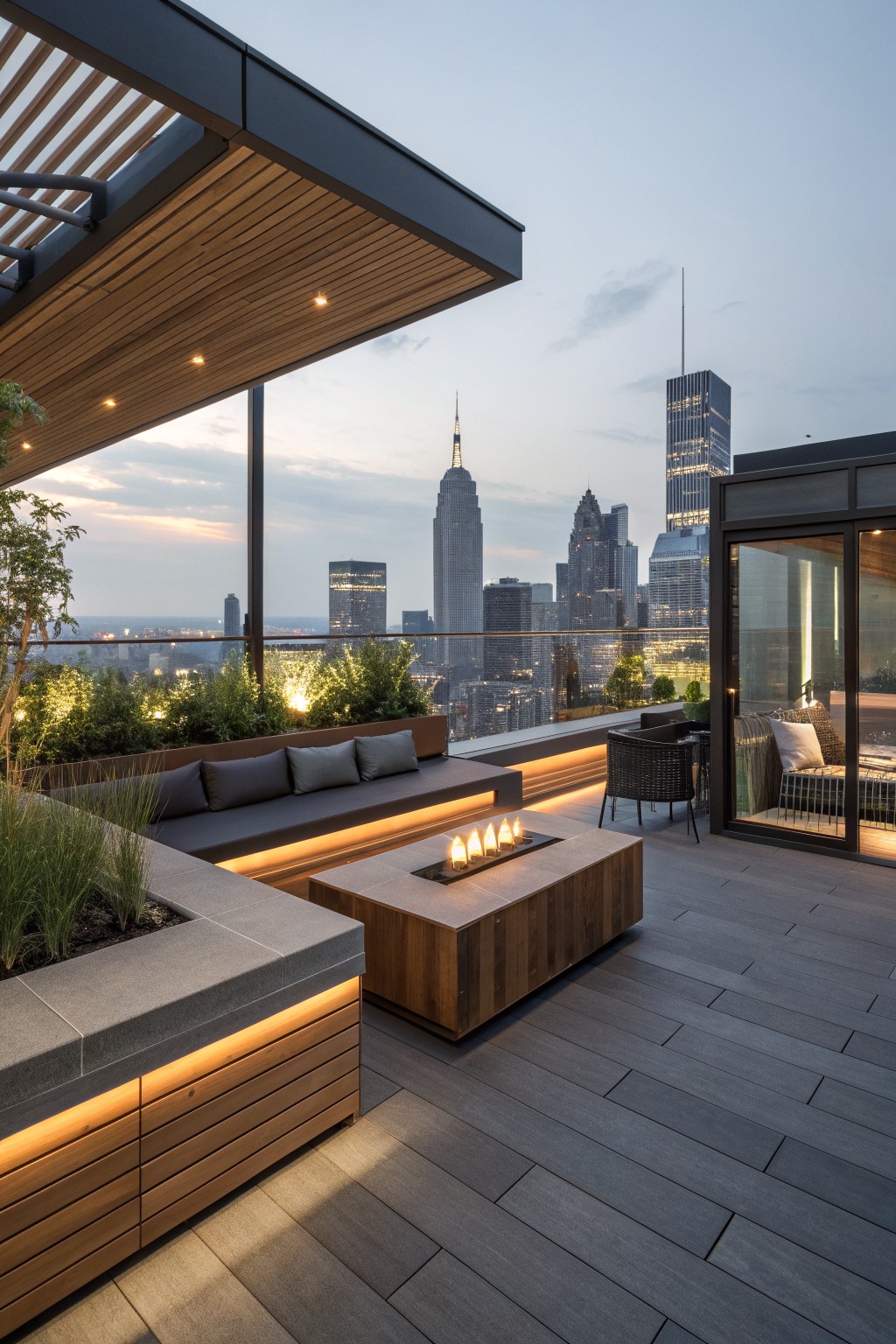 Modern rooftop terrace with a built-in bench seating area, under-bench lighting, a rectangular fire pit table, and a city skyline view at dusk.