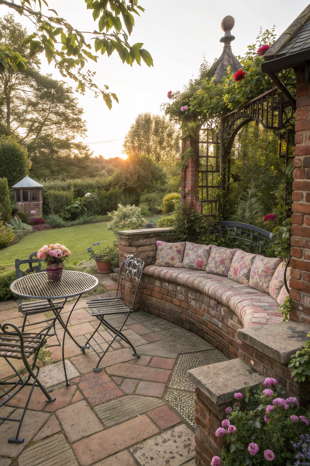 A curved brick built-in bench with patterned cushions lines a stone patio next to a small metal table and chairs in a garden setting.