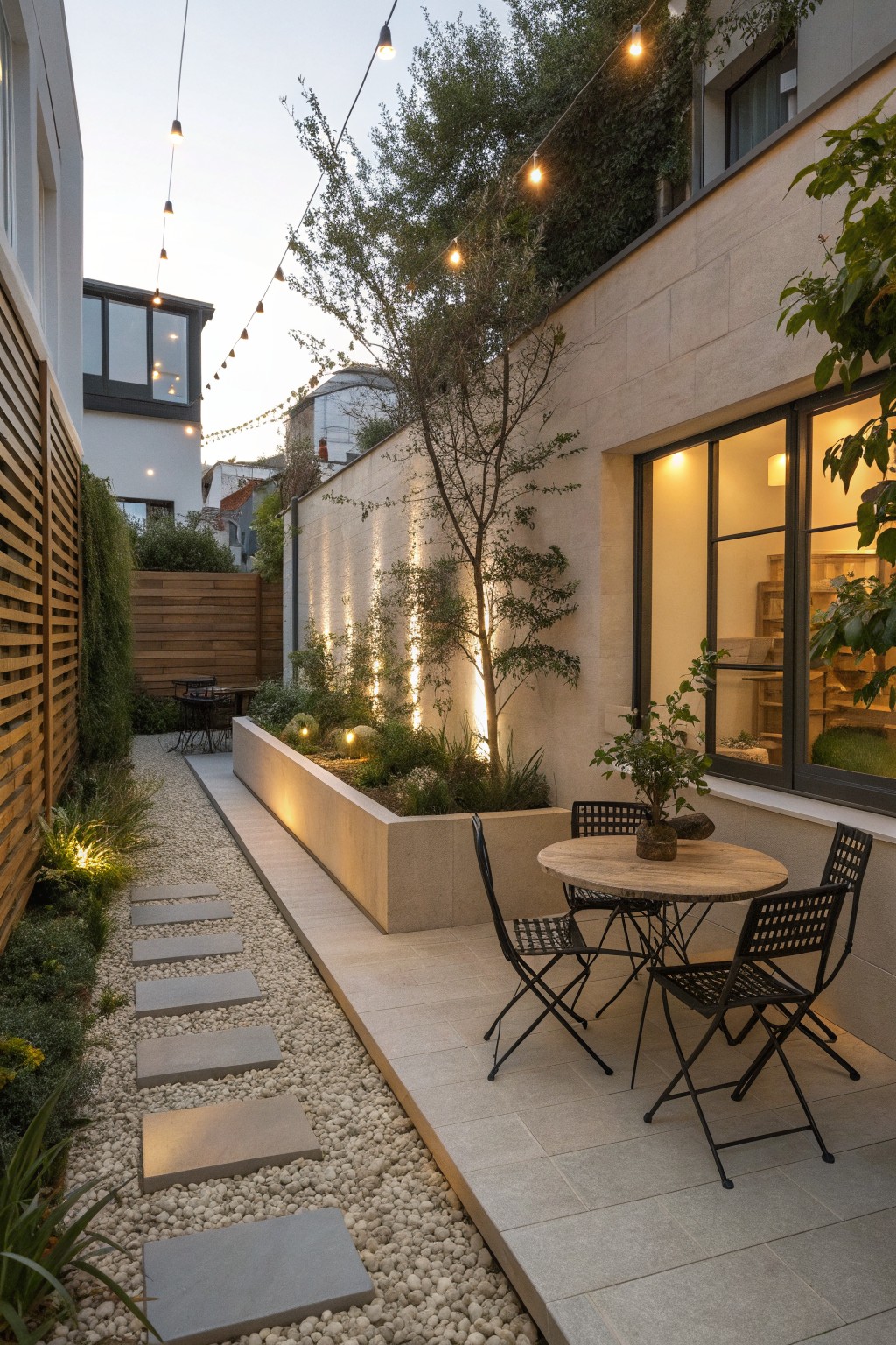 A modern outdoor patio features a long built-in concrete planter along a stone wall with trees and uplights, a round wooden table with black folding chairs, string lights overhead, and a gravel path with concrete stepping stones.