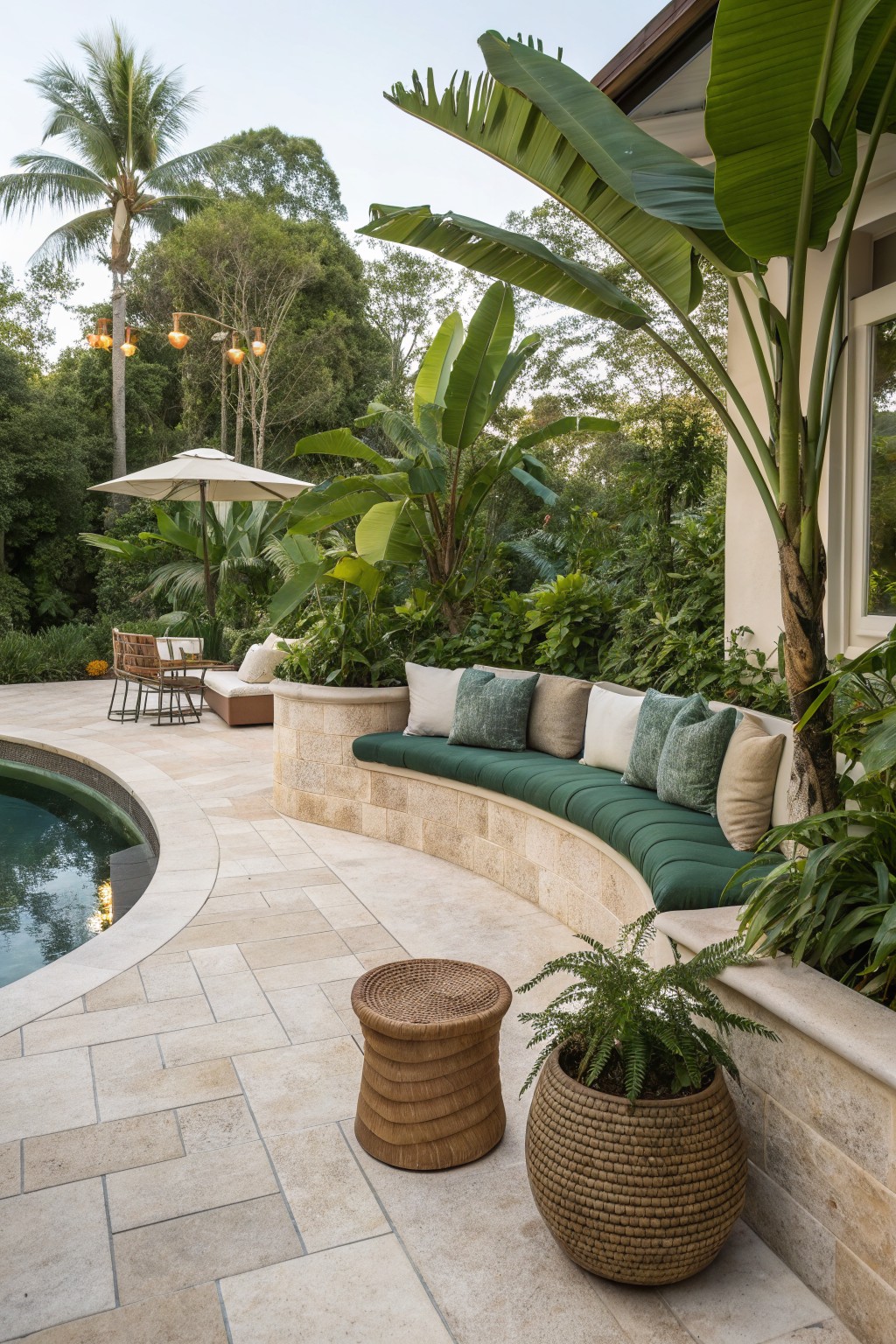 A curved stone built-in bench with green cushions and pillows lines a tiled patio beside a pool, with large tropical plants nearby.