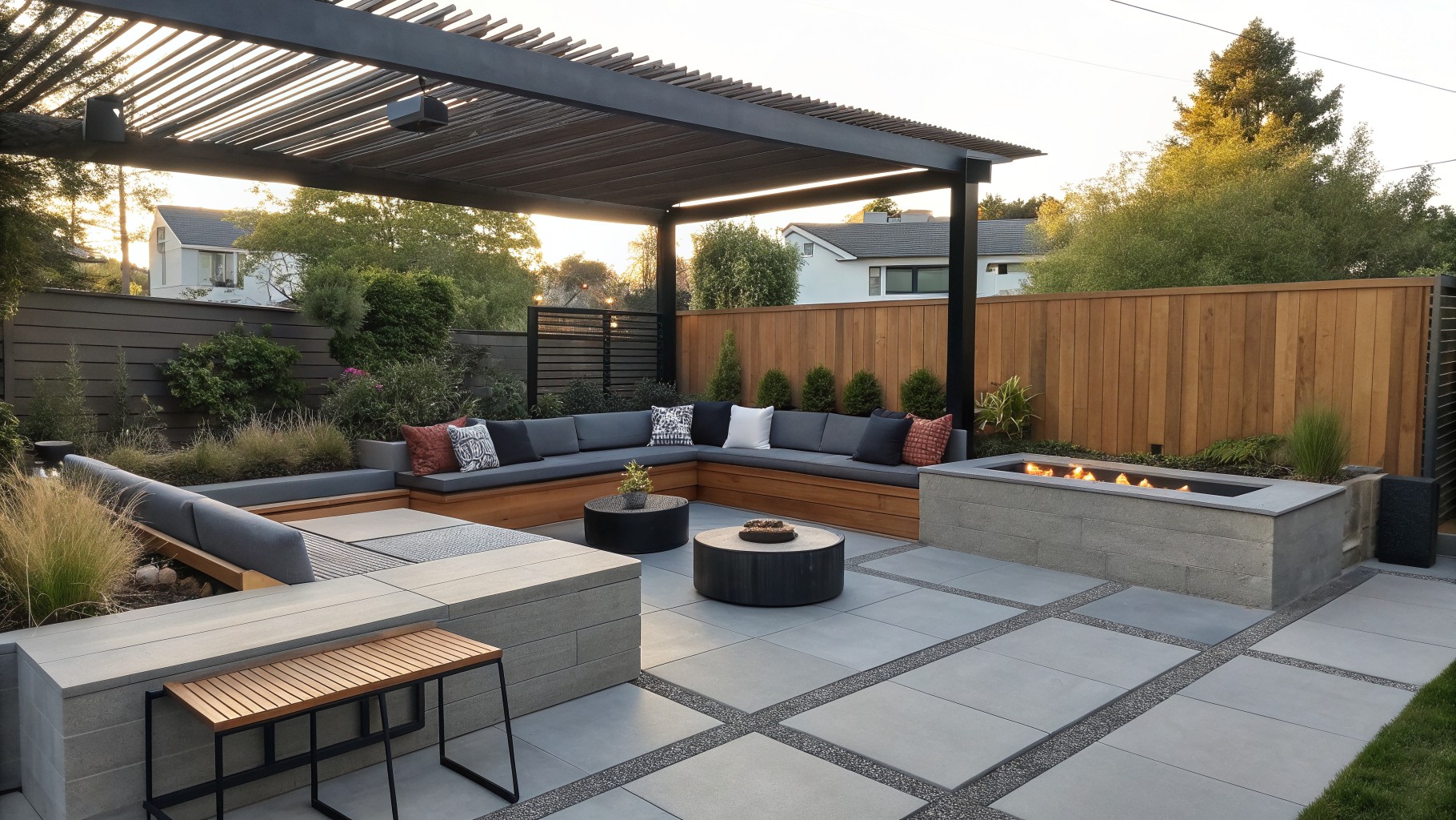 Modern rooftop patio with built-in wooden benches surrounding a rectangular concrete fire pit under a slatted wood pergola.