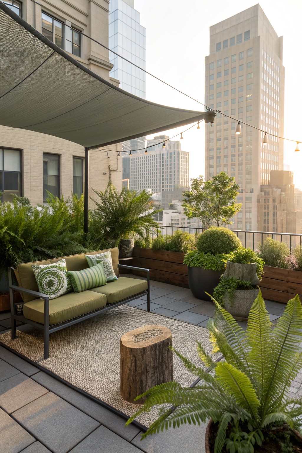 A rooftop terrace with a green sofa under a large fabric shade canopy, potted plants, a woven rug, and city buildings visible beyond the railing.