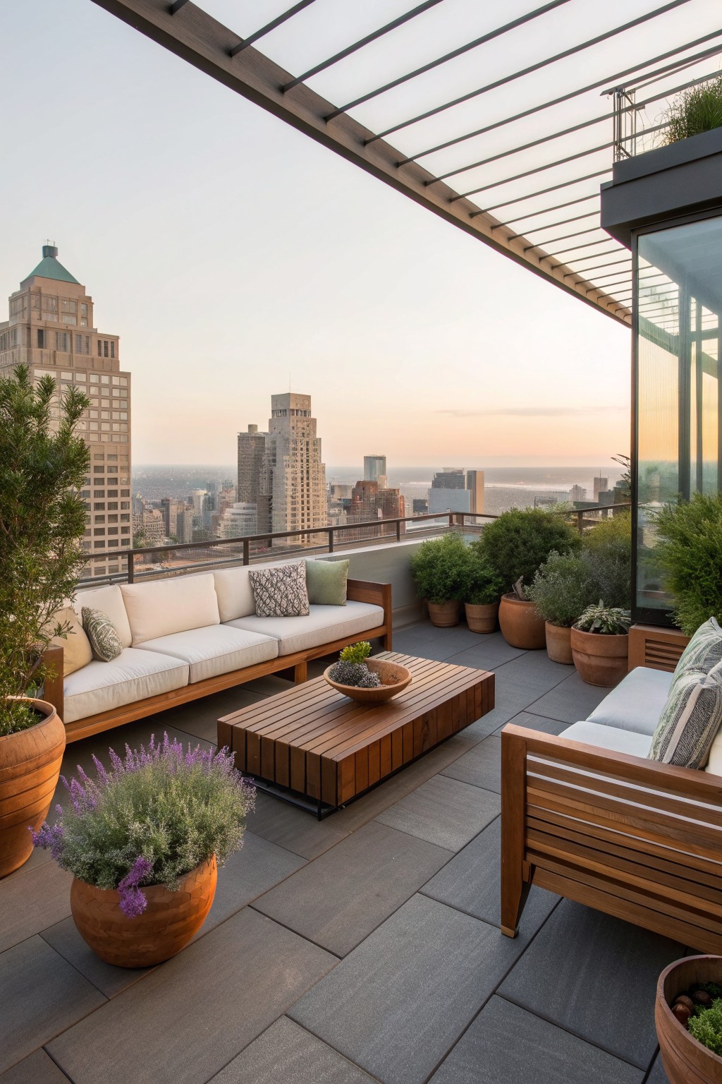 Rooftop terrace with wooden sofa and armchair, slatted pergola overhead, potted plants along the edges, and city skyline in the background.