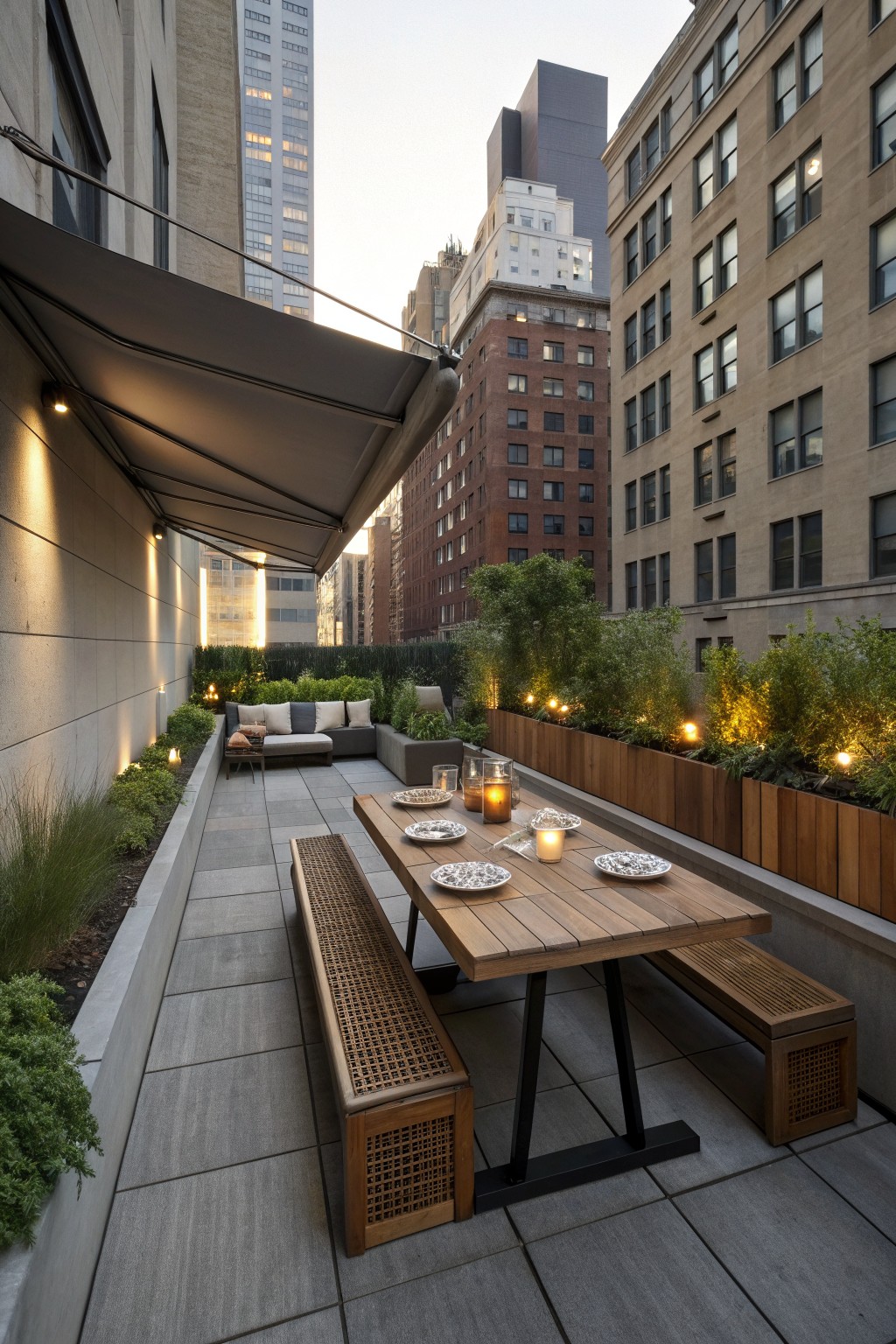A narrow urban rooftop terrace with a long wooden dining table and benches positioned beside raised wooden planters filled with greenery, set against a city skyline.