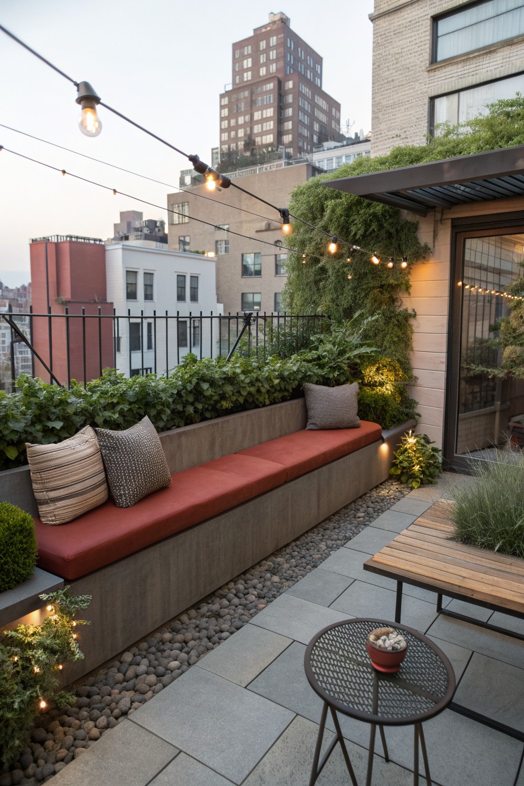 A rooftop terrace shows a long built-in concrete bench with a red cushion and two patterned pillows beside a dense planting bed, with string lights strung overhead and city buildings visible in the background.
